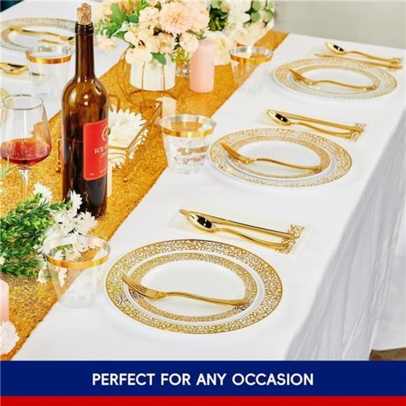 210 Count Gold Plastic Dinnerware, Gold Disposable Plates, Includes: 30 Plates - Picture 6 of 7